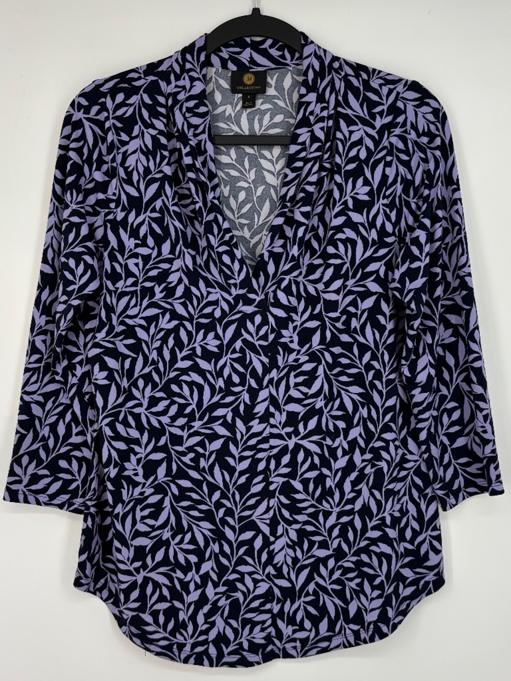 JM Collection Womens Small Knit Top Navy Blue Purple Leafy Floral 3/4 Slv V-Neck
